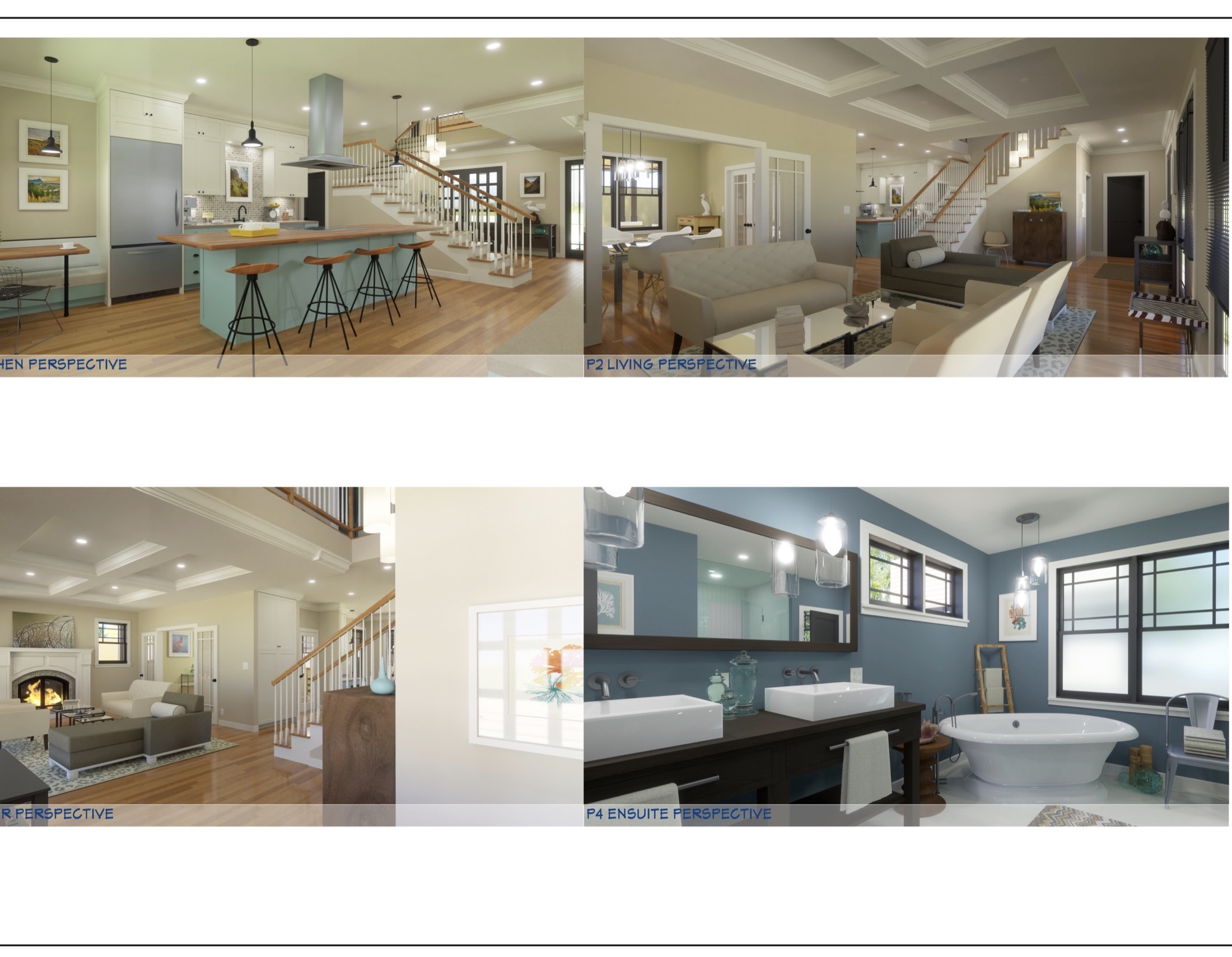 Four Chief Architect interior perspective renderings showing a kitchen, living room, foyer and bathroom