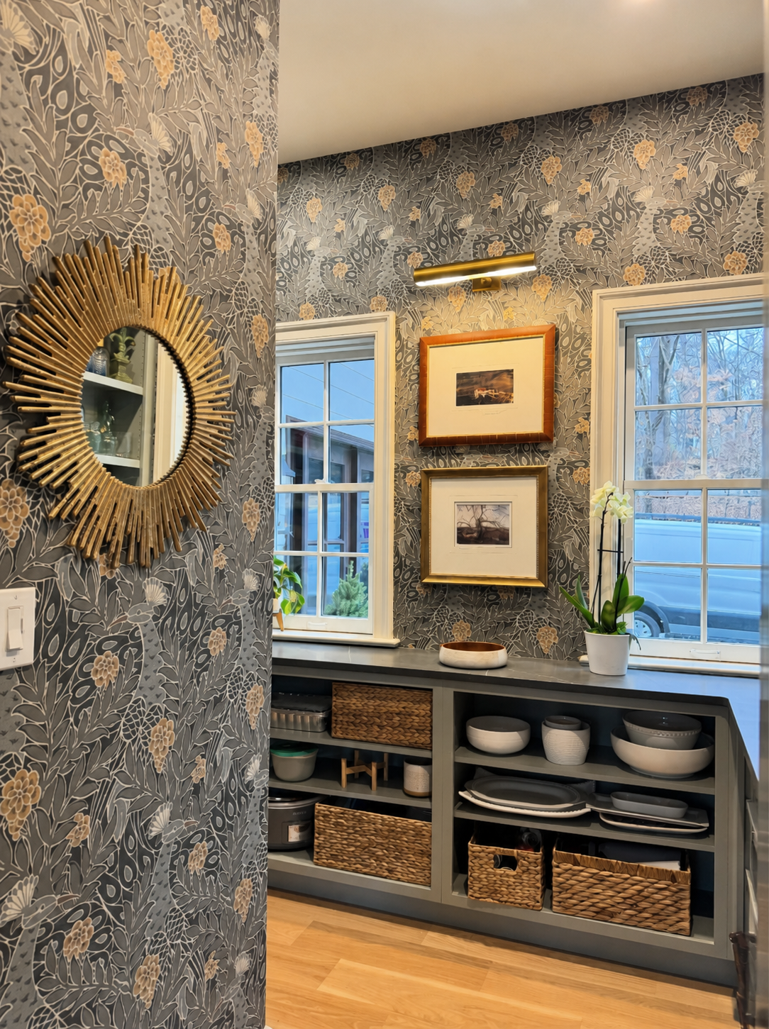 Pantry collaboration featuring cabinetry designed and installed by Delaware Renovation with designer-selected wallcovering and decor